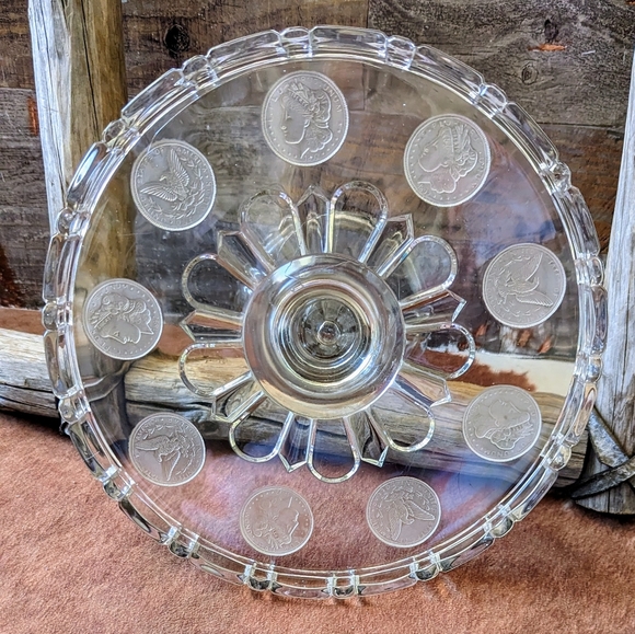 Antique 1892 Silver Dollar Glass Pedestal Cake Stand W Frosted Morgan Dollar - Picture 11 of 15